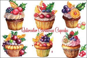 Watercolor Christmas Cupcake Clipart
