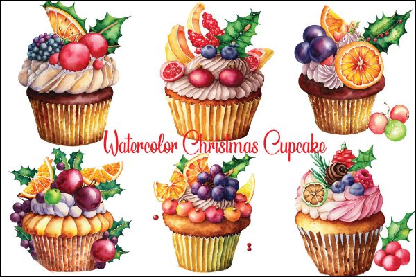 Watercolor Christmas Cupcake Clipart
