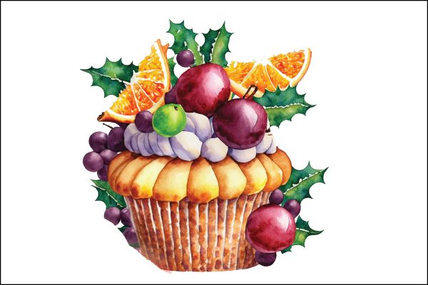Watercolor Christmas Cupcake Clipart