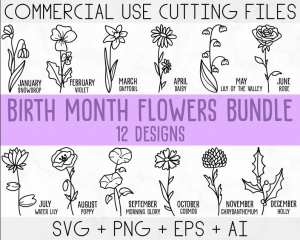 Birth Month Flowers Svg, Wildflower svg,Birthday Flower, Flower Clipart, Botanical svg ,Floral Svg ,Daisy svg ,Rose svg, Poppy svg png
