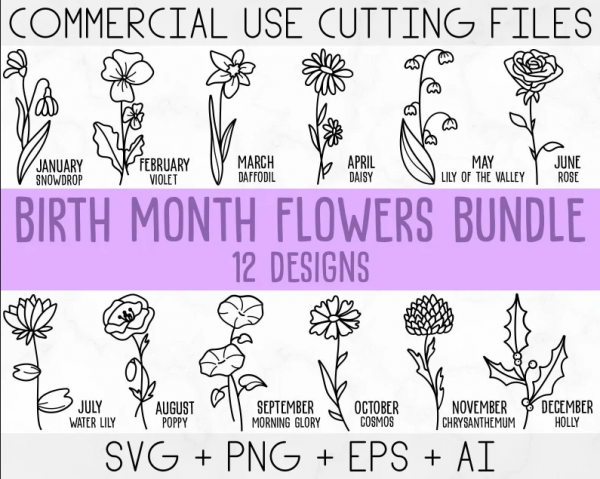 Birth Month Flowers Svg, Wildflower svg,Birthday Flower, Flower Clipart, Botanical svg ,Floral Svg ,Daisy svg ,Rose svg, Poppy svg png